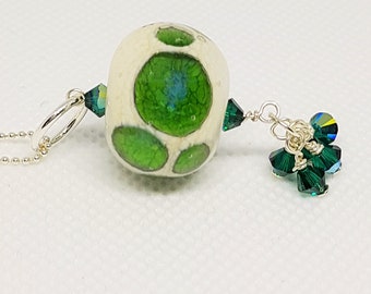 Organic Green Lampwork Glass Focal Bead Necklace on sterling silver chain