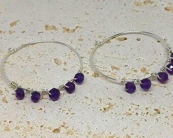 Amethyst Wire Wrapped Sterling Silver Hoop Earrings, Statement Earrings, Silver Earrings, Amethyst Earrings, Wire Wrapped Earrings