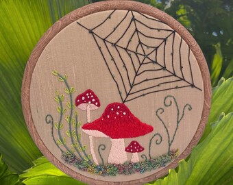 Mushroom Embroidery Hoop, Toadstool Embroidery Hoop, Spider Web Embroidery Hoop, Nature Embroidery, Hand Embroidery, Silk Thread Embroidery