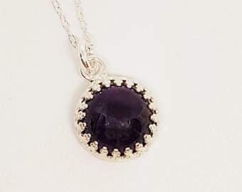 Amethyst Round Cabochon Sterling Silver Statement Pendant Necklace