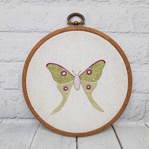 Pale Green Luna Moth Hand Embroidery Hoop for Entomology Lovers