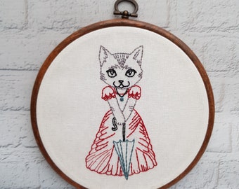 Victorian Lady Cat Hand Embroidery Hoop for Cat Lovers