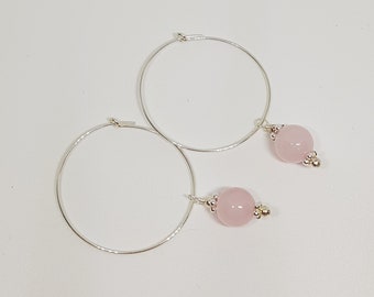 Rose Quartz Gemstone and Hoop Hand Beaded Sterling Silver Earrings