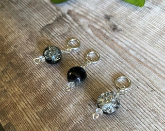 Set of 3 Black and Clear Beaded Stitch Markers, Progress Keepers, Knitting, Crochet, Place Markers, Knitting Notions, Up to 4.5mm (US 7)