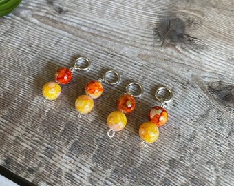 Set of 4 Yellow and Orange Beaded Stitch Markers, Progress Keepers, Knitting, Crochet, Knitting Notions, Up to 4.5mm (US 7)