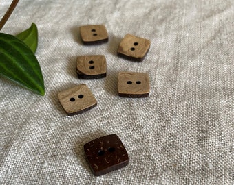 Set of 6 Medium Square Shaped Buttons, 12 mm, Dark , Coconut, Natural, Lightweight