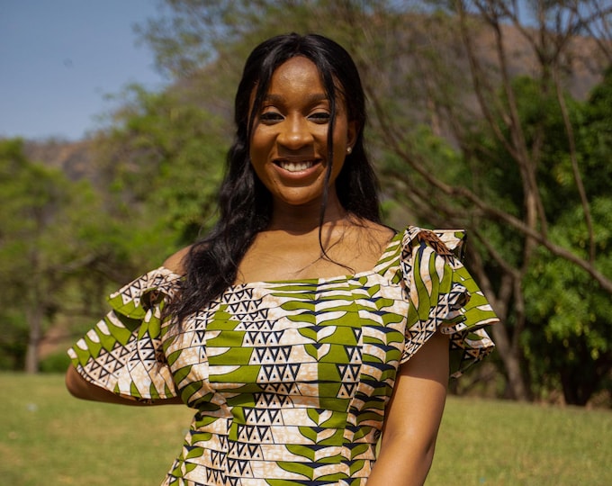 ZanDoúMma African Print Short Dress: Flare Bottom, Off-Shoulder Cotton Dress