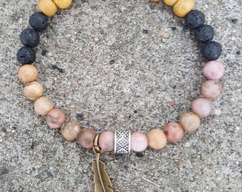 Essential oil diffuser bracelet. Lava diffuser. Gemstone bracelet. Rhondonite, lava, wood. Aromatherapy jewelry. Bohemian. Gift. Beaded.