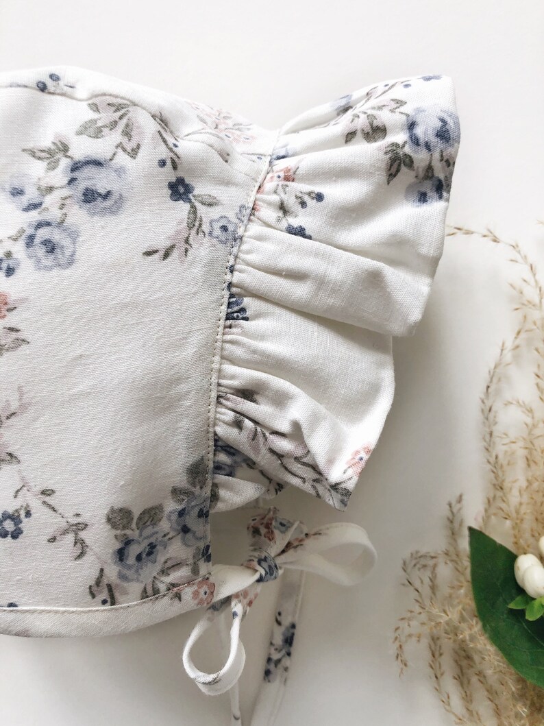 Ruffle Brimmed Floral White Cotton Baby Bonnet