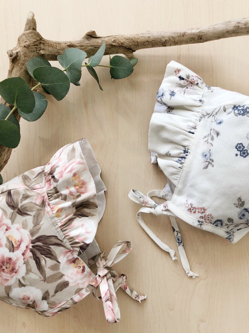Ruffle Brimmed Floral White Cotton Baby Bonnet