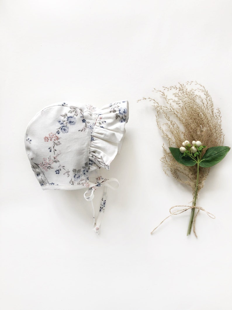 Ruffle Brimmed Floral White Cotton Baby Bonnet