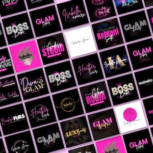 Puede incluir: Un collage de logotipos rosas y negros con texto como "Glam Nails", "Boss Babe", "The Glam Room", "Isabella Amari", "Kehlani Smith", "Beauty Boutique", "Diva Glam", "Heather Hair", "La Isabella Amari" y "Glam Lashes".