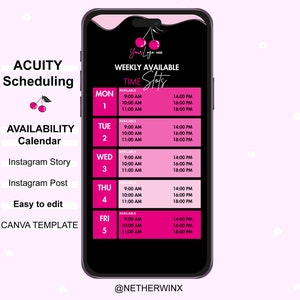 Acuity Scheduling Weekly Availability Calendar Instagram Story, Weekly Available Booking Time Slots Canva Editable Template, Instagram Story
