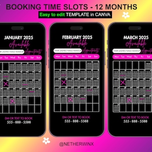 Booking Time Slots, 2025 All Months Monthly Availability Calendar Instagram Story, Canva Editable Template, Instagram Story