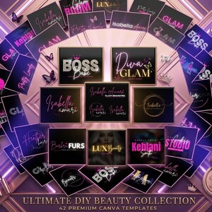 May include: A collection of 42 black square graphic templates featuring pink, gold, and white text including Boss Babe, Diva Glam, and Isabella Amari. The display includes small butterfly, crown, and diamond icons, with a makeup brush and compact.