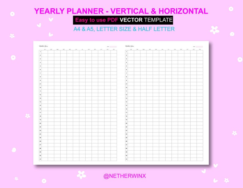 Yearly Planner, Editable Printable Yearly Overview One Page, Year at a ...