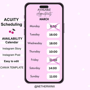 Acuity Scheduling Weekly Availability Calendar Instagram Story, Weekly Available Booking Time Slots Canva Editable Template, Instagram Story