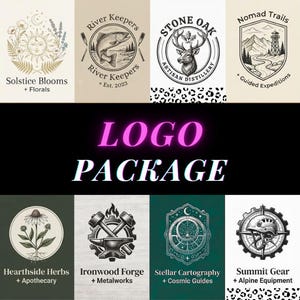 Può includere: Una collezione di otto loghi distinti di forma circolare e a scudo con illustrazioni a linee bianche e nere di temi naturali, strumenti e celestiali, con il testo LOGO PACKAGE visualizzato in grandi lettere rosa e bianche al centro.