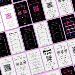 May include: A collection of printable signs for a business. The signs feature a black and white color scheme with pink accents. The signs include a price list, a scan to pay option, and a leave us a review section. The signs also include QR codes for customers to scan.