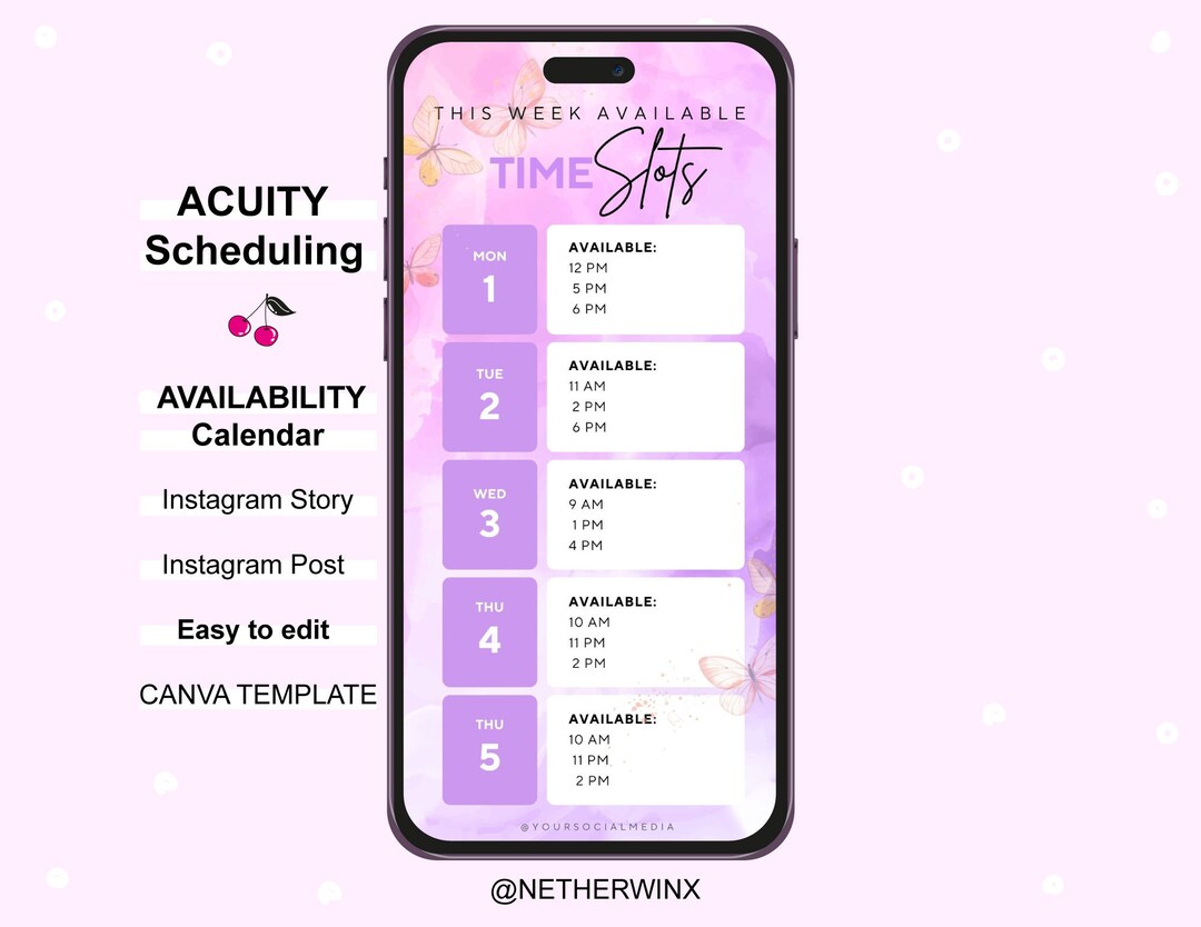 Acuity Scheduling Template, Weekly Availability Calendar Instagram ...