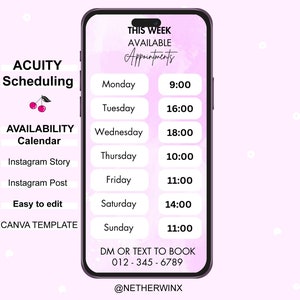 Acuity Scheduling Weekly Availability Calendar Instagram Story, Weekly Available Booking Time Slots Canva Editable Template, Instagram Story