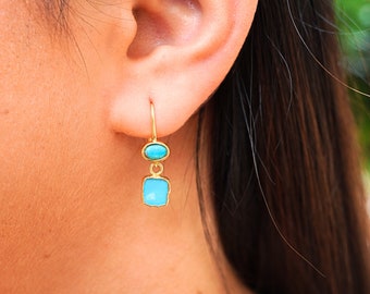 Pendientes de turquesa, pendientes colgantes de turquesa natural, pendientes de piedra azul, pendientes colgantes bohemios, turquesa y oro, piedra natal de diciembre