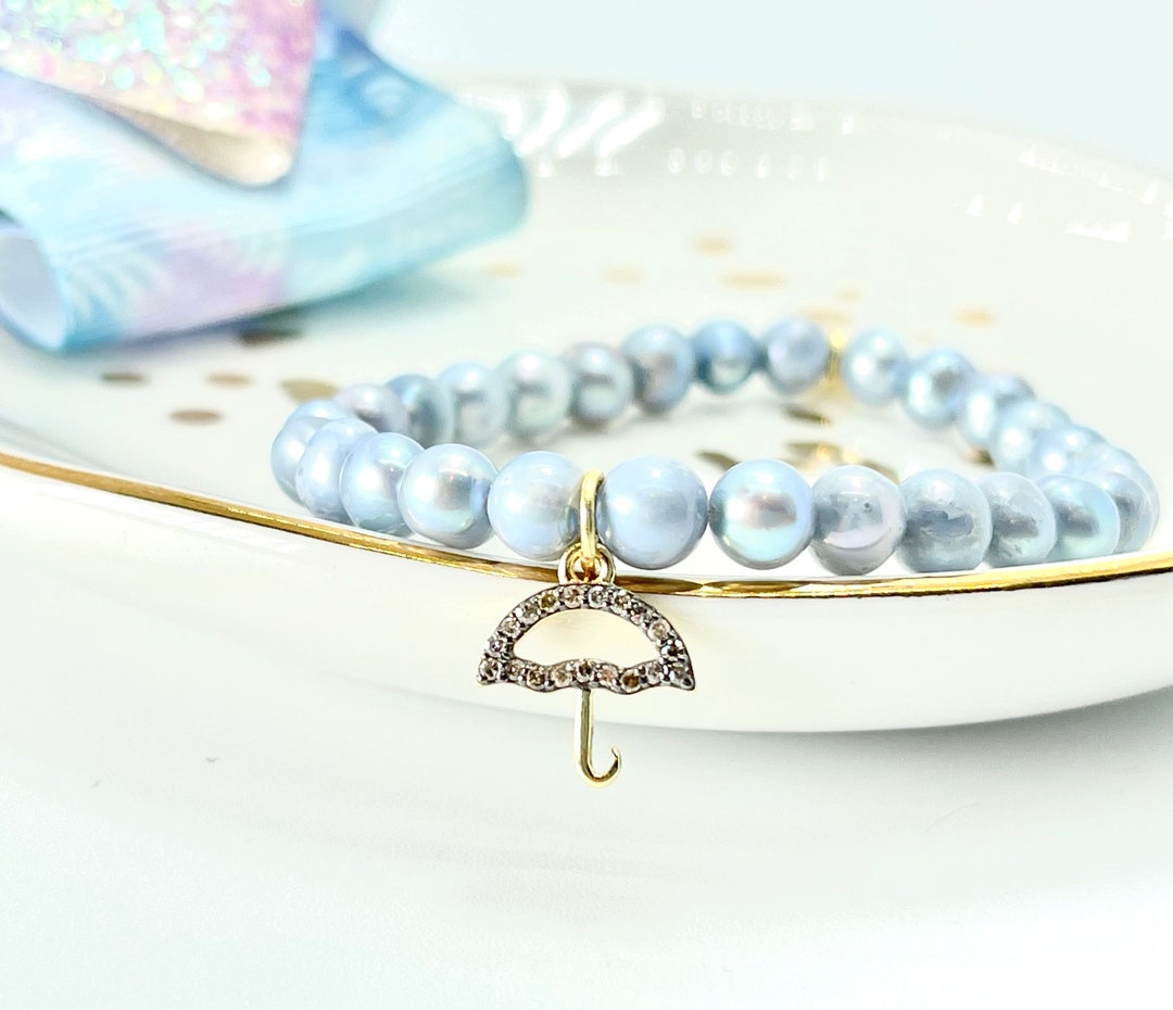 Blue Pearl Baby Girl Bracelet With Diamond Charm, Beaded Bracelet Gift