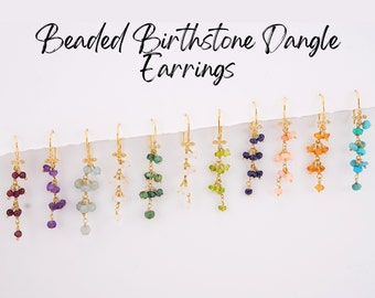 Pendientes de piedra de nacimiento personalizados, pendientes colgantes delicados con piedras preciosas personalizadas, regalo de cumpleaños para ella, pendientes pequeños y delicados de piedras preciosas