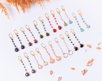 Pendientes de cuentas chapados en oro, pendientes colgantes largos de piedra de nacimiento, pendientes colgantes de piedras preciosas naturales, pendientes de cristal de oro delicados, pendientes personalizados