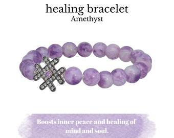 Pulsera con cuentas de amatista púrpura, piedra natal de febrero, pulsera curativa, pulsera de cristal de amatista para mujer, pulsera de yoga en capas