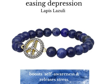 Pulsera de cristal azul lapislázuli redonda de 8 mm, pulsera elástica de lapislázuli azul, pulsera de ansiedad y depresión, pulsera de capas, lapiz lazuli