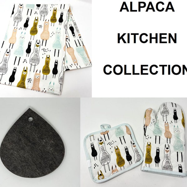 Alpaca Kitchen Collection, Kitchen Decor Gift Set with Teardrop Alpaca Felt Pad, Alpaca Tea Towel, Alpaca Oven Mitt & Potholder