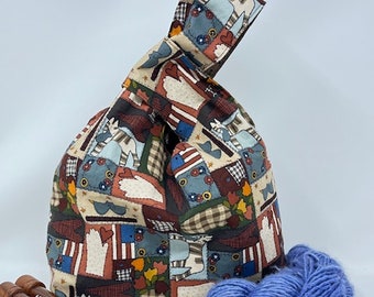 Large Knitting Project Bag, Crochet Project Bag, Cats and Patchwork Fabric, Fiber Arts Tote Bag, Gift for Knitter or Crocheter, Yarn Tote