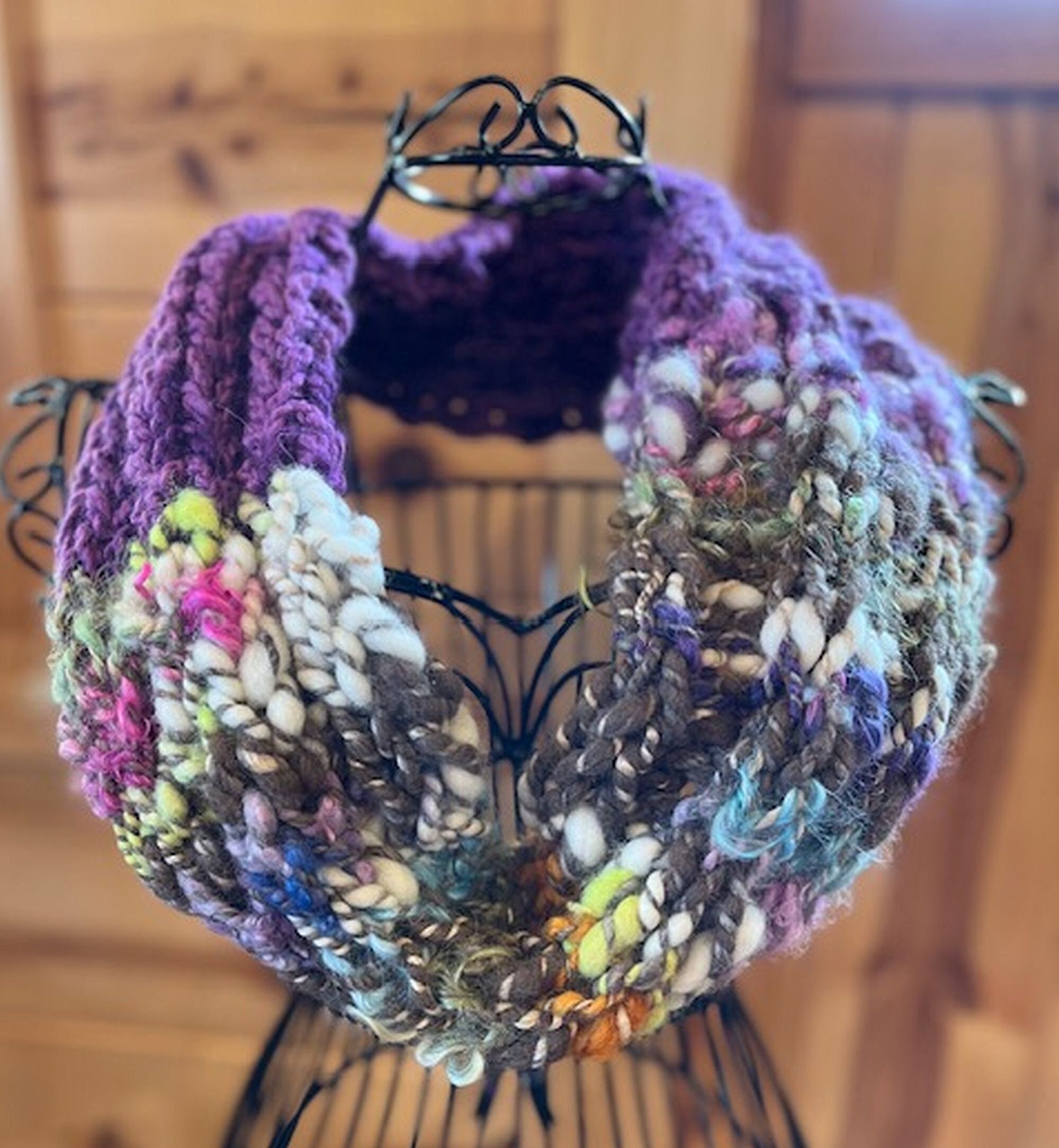 Hand Knit Art Yarn Alpaca Infinity Scarf: Purple Multi-Color Cowl