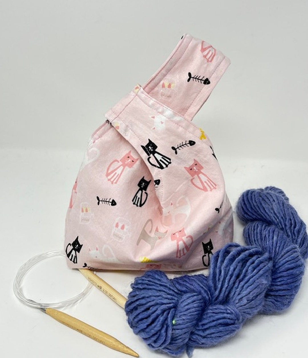 Small Knitting Project Bag Pink With Cats, Crochet Project Bag, Knot