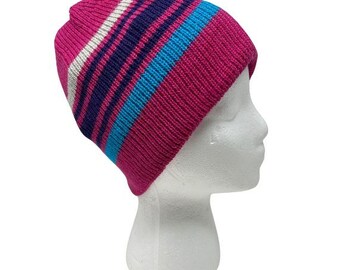 Striped Alpaca Beanie: Pink Fleece-Lined Winter Hat