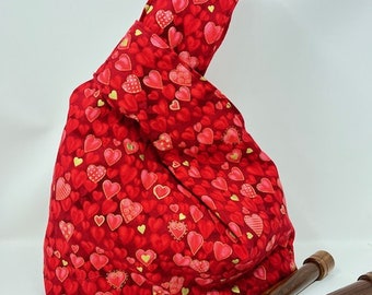 Large Knitting Project Bag, Crochet Project Bag, Red & Gold Hearts Bag, Fiber Arts Tote Bag, Gift for Knitter or Crocheter, Yarn Tote