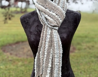 Textured Hand Woven Alpaca Scarf in Earth Tones, Brown, Cream, Grey
