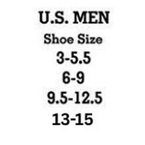 Puede incluir: Una tabla de texto en blanco y negro titulada U.S. SOCK SIZE, U.S. MEN Shoe Size y U.S. WOMEN Shoe Size. Enumera las tallas Small (4-6), Medium (7-10), Large (10-13) y X-Large (13-15) con los rangos de tallas de calzado para hombres y mujeres.