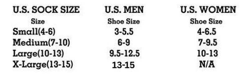 Puede incluir: Una tabla de texto en blanco y negro titulada U.S. SOCK SIZE, U.S. MEN Shoe Size y U.S. WOMEN Shoe Size. Enumera las tallas Small (4-6), Medium (7-10), Large (10-13) y X-Large (13-15) con los rangos de tallas de calzado para hombres y mujeres.