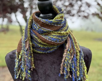 Textured Hand Woven Alpaca Scarf in Moss Green Woodland Colors
