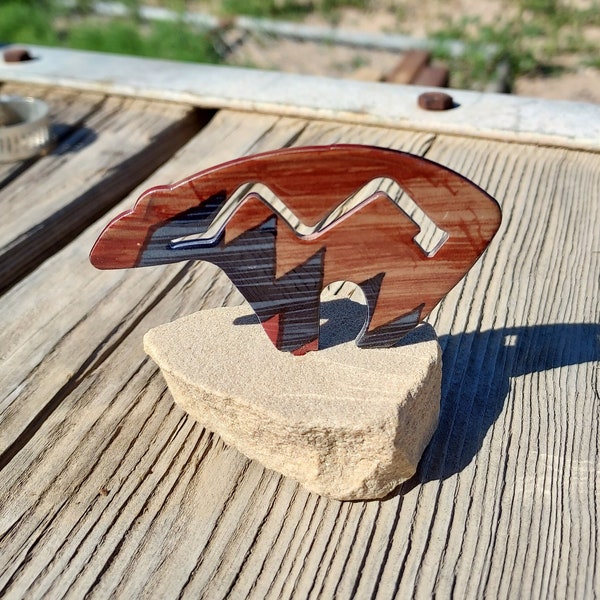 Tribal Bear - Native Painted Metal Bear on Slate Stone - Metal Bear With Native Print on Slate Stone - Spirit of the Wild - Heart Line Bear