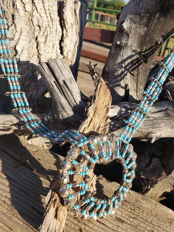 Navajo Bead And Safety Pin Turquoise Squash Bloss… - image 7