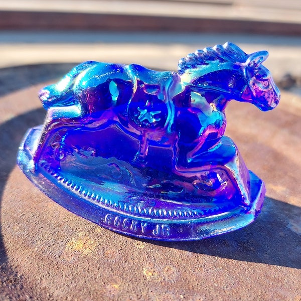 Cobalt Blue Carnival Glass Rocking Horse - Baby's Dresser Top Decoration - Western Decor - Collectors Piece - 1983 #1 Rocky JR