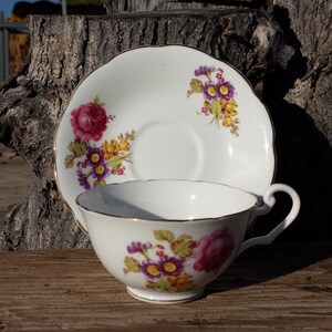 Floral Tea Cup And Saucer - Fine Bone China - Made In England - Tea Cup And Saucer - Collectible From 1950s
