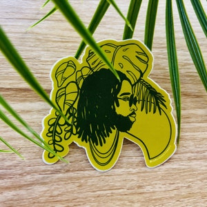 An illustration of a Black man with locs in front of tropical plants on a yellow green background.