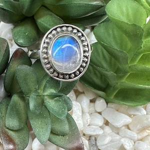 Rainbow Moonstone Sterling Silver Ring - Size 9