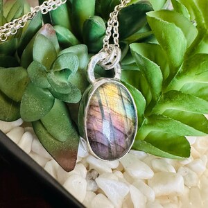 May include: A silver necklace with an oval pendant containing an iridescent gemstone. The stone shows purple, yellow, and blue colours. The necklace is set against green succulents and white pebbles.