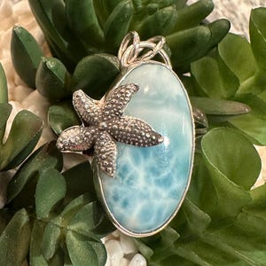 Peut inclure: Un pendentif en argent avec une pierre de jaspe oc&eacute;an bleu et blanc et un charme d'&eacute;toile de mer en argent.