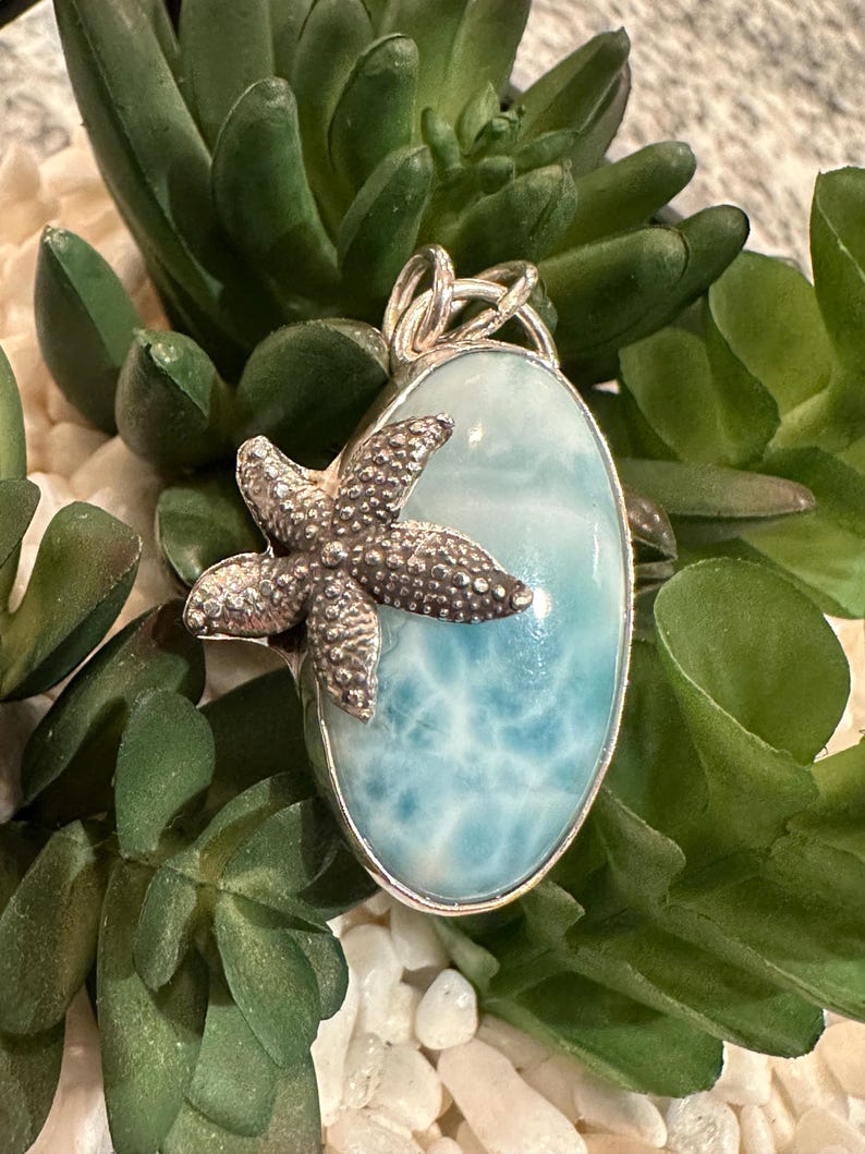 Peut inclure: Un pendentif en argent avec une pierre de jaspe oc&eacute;an bleu et blanc et un charme d'&eacute;toile de mer en argent.